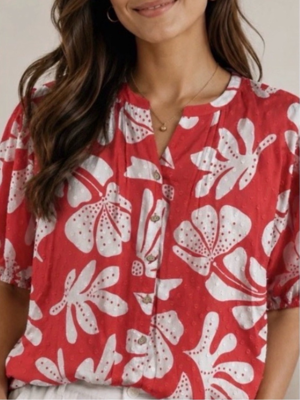 Ali Miles Women’s Red and White Floral Button-Front Blouse size L NWT $74